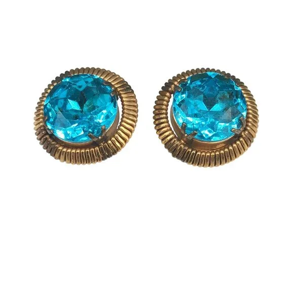 Glamorous Vintage Earrings, Foil Backed Bright Blue Crystal in Copper Frames